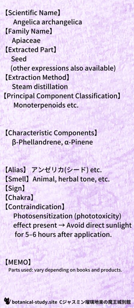【別館辞典】angelica-seed-angustifolia-アンゼリカ(シード)とCジャスミン瑠璃地楽のアロマハーブプチ辞典@botanical-study.site