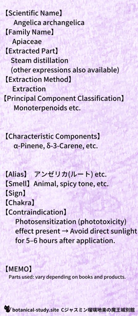 【別館辞典】angelica-seed-angustifolia-アンゼリカ(ルート)とCジャスミン瑠璃地楽のアロマハーブプチ辞典@botanical-study.site