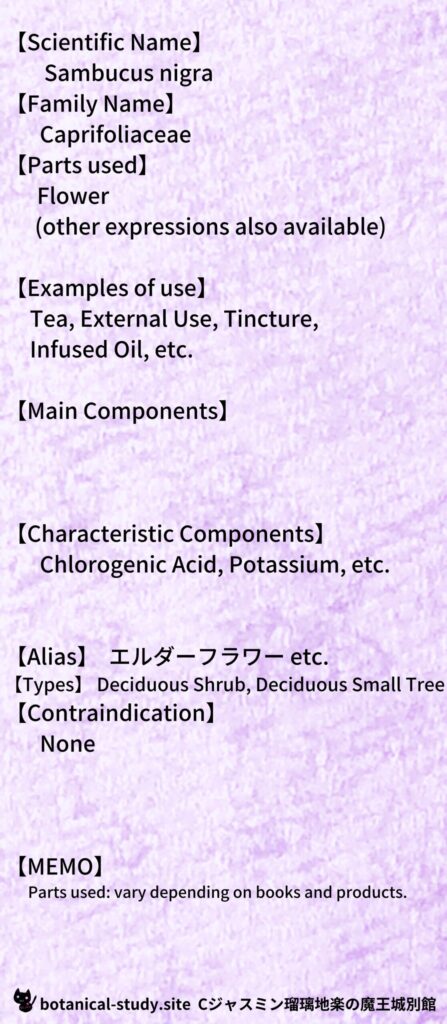 【別館辞典】elderflower-エルダーフラワーとCジャスミン瑠璃地楽のアロマハーブプチ辞典@botanical-study.site